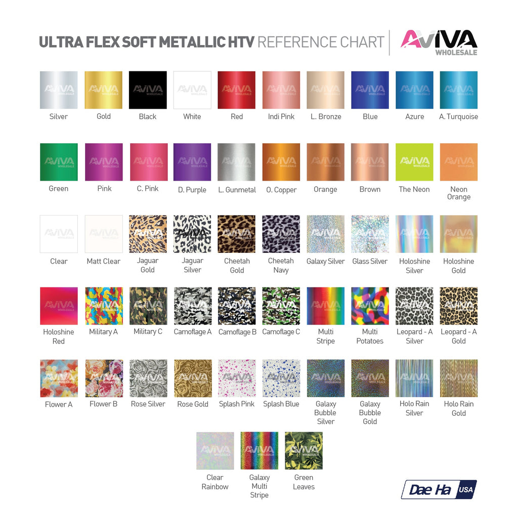 Ultra Flex Assorted Colors Soft Metallic 20” wide Heat TRANSFER Vinyl ...