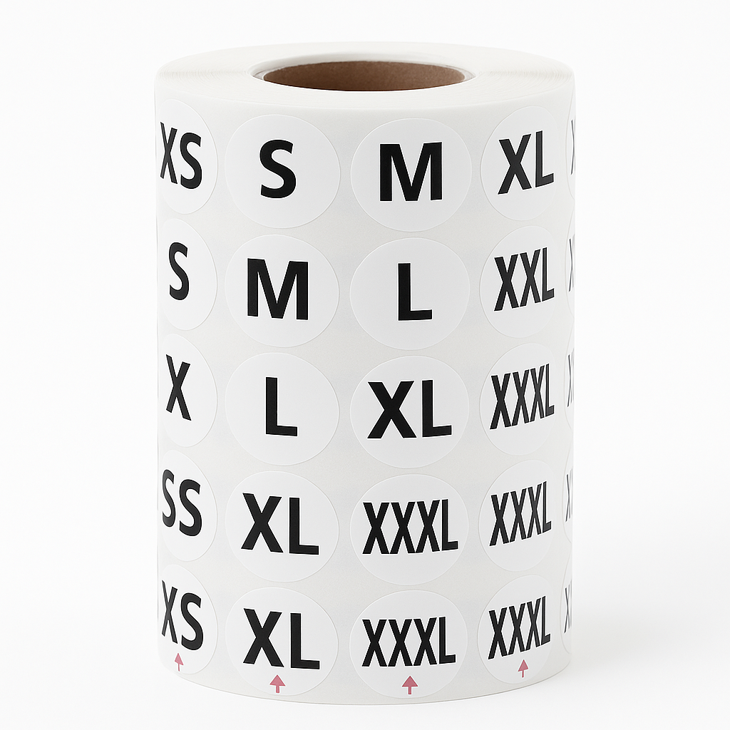 Clothing Size Stickers Roll – XS to XXXL (Black Text Labels)